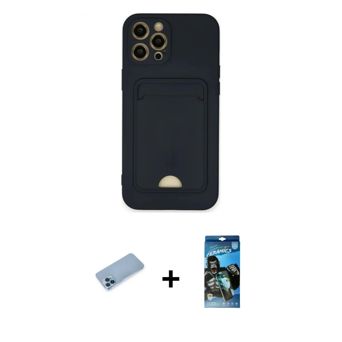 MARSİLYAN™- iPhone 12 Pro Max Kılıf Vadi Çizgi Prime - Siyah 34D Izgaralı Cam + Mavi Shine Kamera Lens Koruma Cam