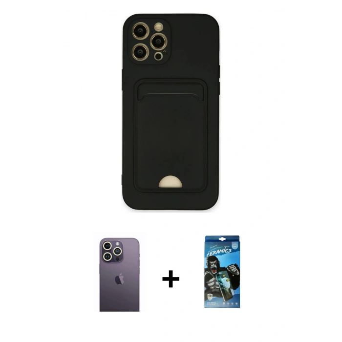 MARSİLYAN™- iPhone 12 Pro Max Kılıf Vadi Çizgi Prime - Siyah 34D Izgaralı Cam + Neon Fosforlu Kamera Lens - BZ
