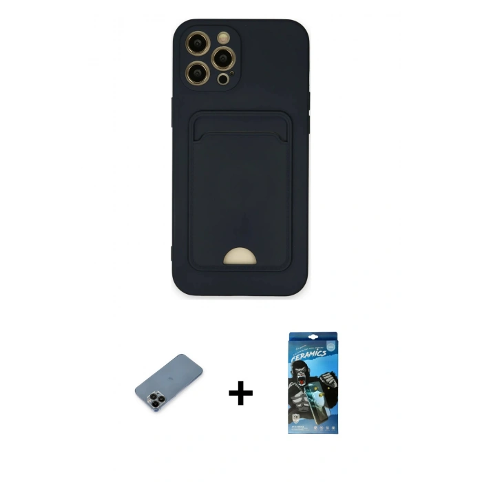 MARSİLYAN™- iPhone 12 Pro Max Kılıf Vadi Çizgi Prime - Siyah 34D Izgaralı Cam + Shine Kamera Lens Koruma Cam - SH