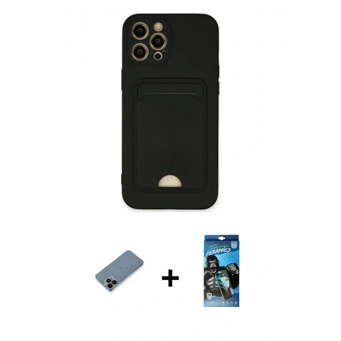 MARSİLYAN™- iPhone 12 Pro Max Kılıf Vadi Çizgi Prime - Siyah 34D Izgaralı Cam + Shine Kamera Lens Koruma Cam - SH