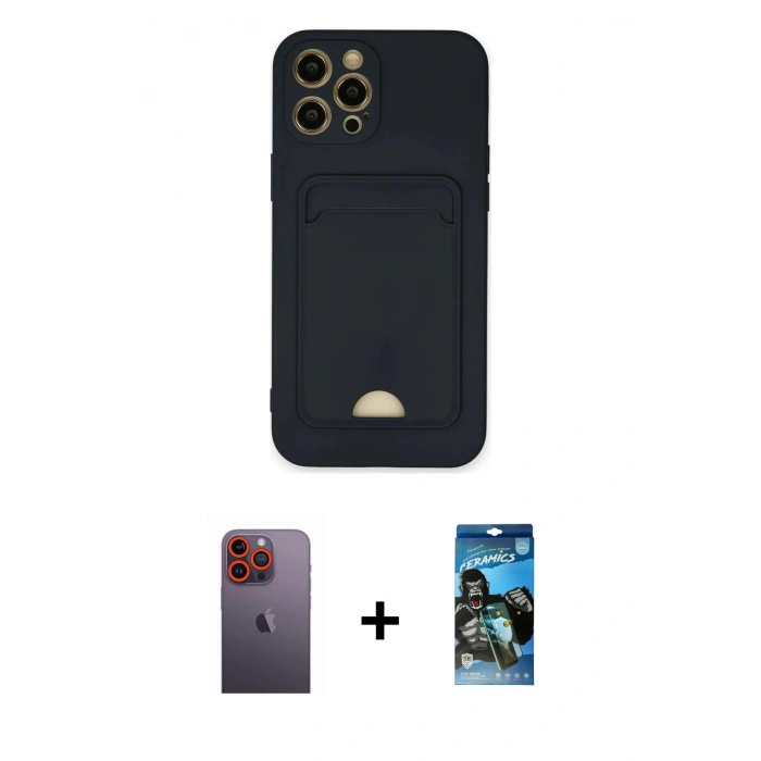 MARSİLYAN™- iPhone 12 Pro Max Kılıf Vadi Çizgi Prime - Siyah 34D Izgaralı Cam + Turuncu Neon Fosforlu Kamera Lens