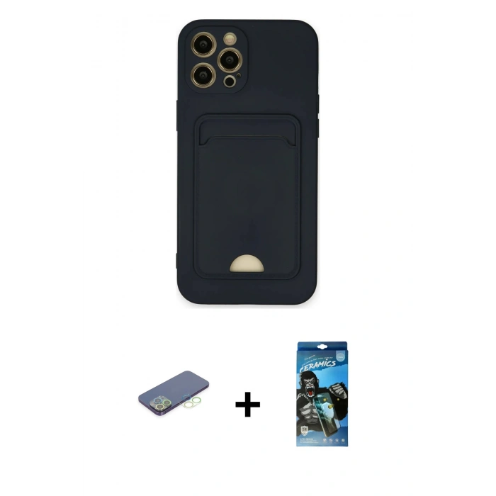 MARSİLYAN™- iPhone 12 Pro Max Kılıf Vadi Çizgi Prime - Siyah 34D Izgaralı Cam + Renkli Kamera Lens Koruma Cam - YL