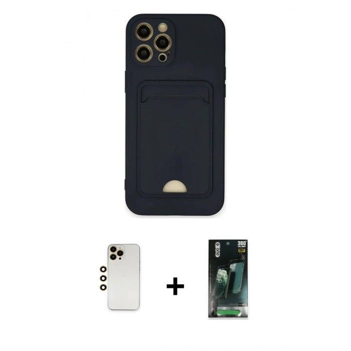 MARSİLYAN™- iPhone 12 Pro Max Kılıf Vadi Çizgi Prime - Siyah 360 Mat Full Body Arka Koruyucu + Shine Kamera Lens - GD