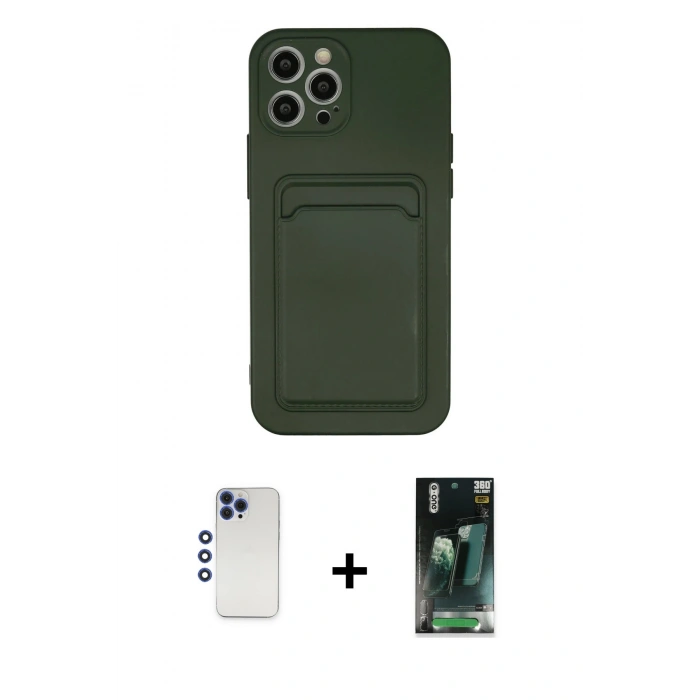 MARSİLYAN™- iPhone 12 Pro Max Kılıf Vadi Çizgi Prime - Siyah 360 Mat Full Body Arka Koruyucu + Lacivert Shine Kamera Lens