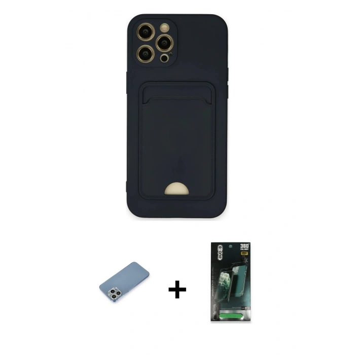MARSİLYAN™- iPhone 12 Pro Max Kılıf Vadi Çizgi Prime - Siyah 360 Mat Full Body Arka Koruyucu + Shine Kamera Lens Koruma Cam - GS