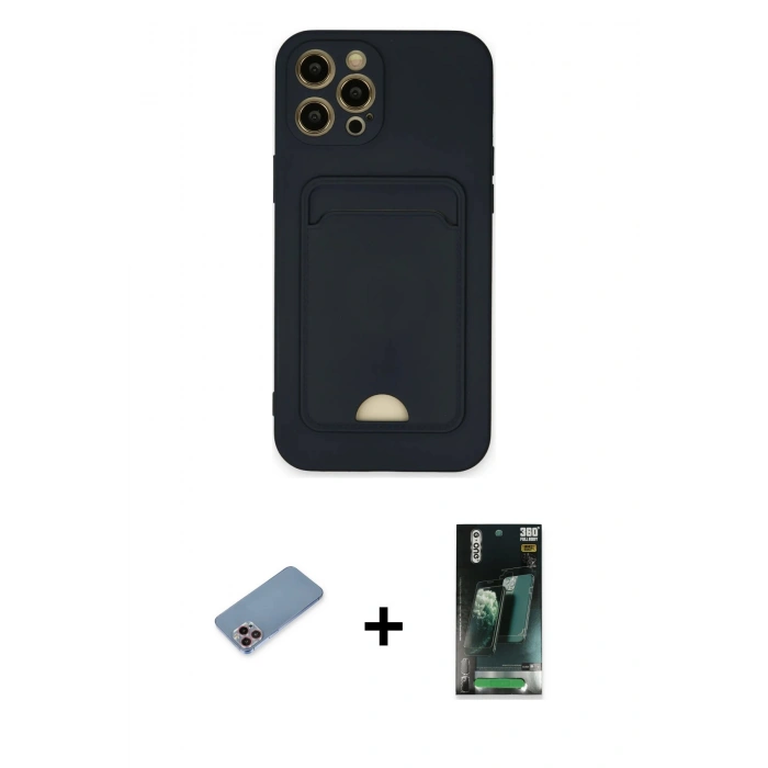 MARSİLYAN™- iPhone 12 Pro Max Kılıf Vadi Çizgi Prime - Siyah 360 Mat Full Body Arka Koruyucu + Shine Kamera Lens Koruma Cam - PE