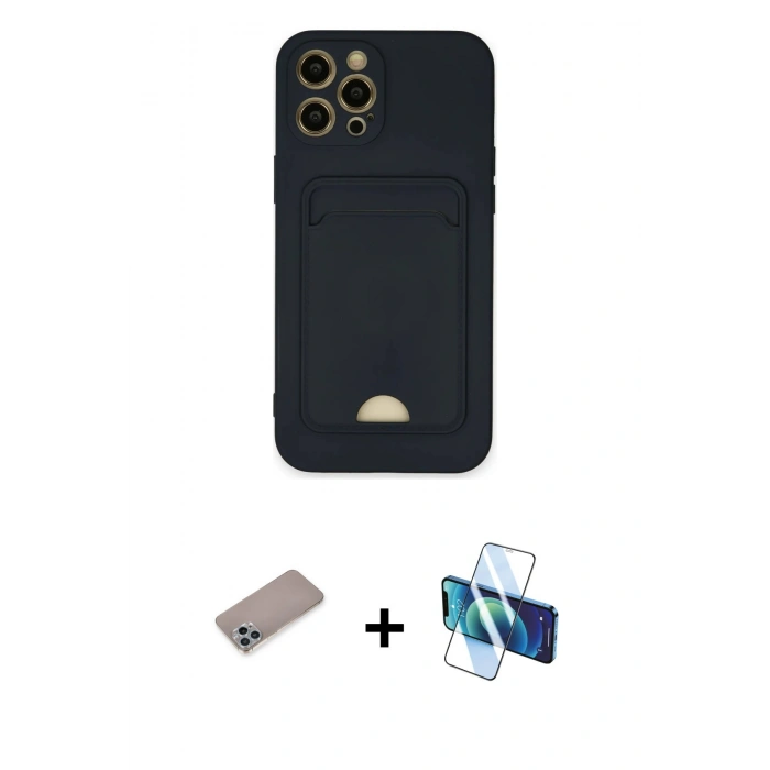 MARSİLYAN™- iPhone 12 Pro Max Kılıf Vadi Çizgi Prime - Siyah 3D Antistatik Cam Ekran Koruyucu + Sierra Blue Shine Kamera Lens Koruma Cam