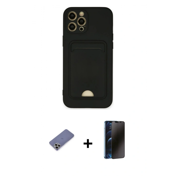 MARSİLYAN™- iPhone 12 Pro Max Kılıf Vadi Çizgi Prime - Siyah 3D Antistatik Hayalet Cam Ekran Koruyucu + Metal Kamera Lens Koruma Cam - GD