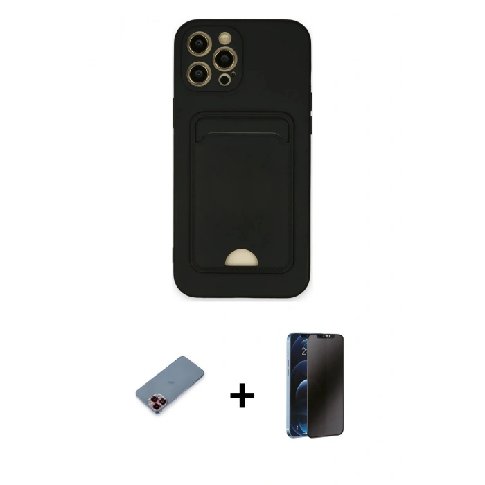 MARSİLYAN™- iPhone 12 Pro Max Kılıf Vadi Çizgi Prime - Siyah 3D Antistatik Hayalet Cam Ekran Koruyucu + Metal Kamera Lens Koruma Cam - KI