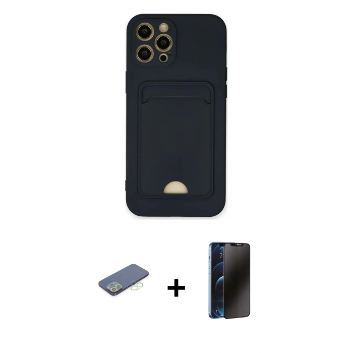 MARSİLYAN™- iPhone 12 Pro Max Kılıf Vadi Çizgi Prime - Siyah 3D Antistatik Hayalet Cam Ekran Koruyucu + Renkli Kamera Lens Koruma Cam - YL
