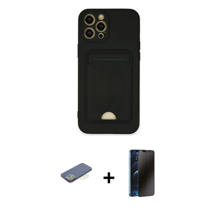 MARSİLYAN™- iPhone 12 Pro Max Kılıf Vadi Çizgi Prime - Siyah 3D Antistatik Hayalet Cam Ekran Koruyucu + Renkli Kamera Lens Koruma Cam - YL