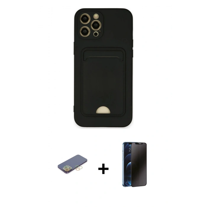 MARSİLYAN™- iPhone 12 Pro Max Kılıf Vadi Çizgi Prime - Siyah 3D Antistatik Hayalet Cam Ekran Koruyucu + Renkli Kamera Lens Koruma Cam - SI