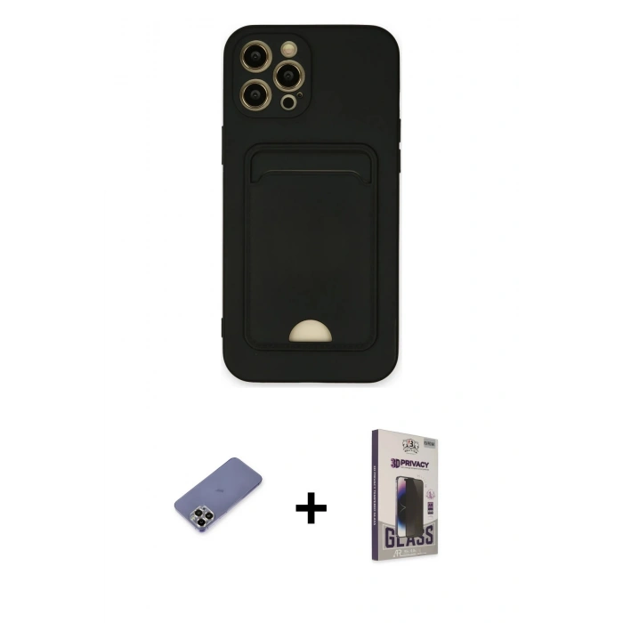 MARSİLYAN™- iPhone 12 Pro Max Kılıf Vadi Çizgi Prime - Siyah Bilvis Hayalet Cam Ekran Koruyucu + Metal Kamera Lens Koruma Cam - GD