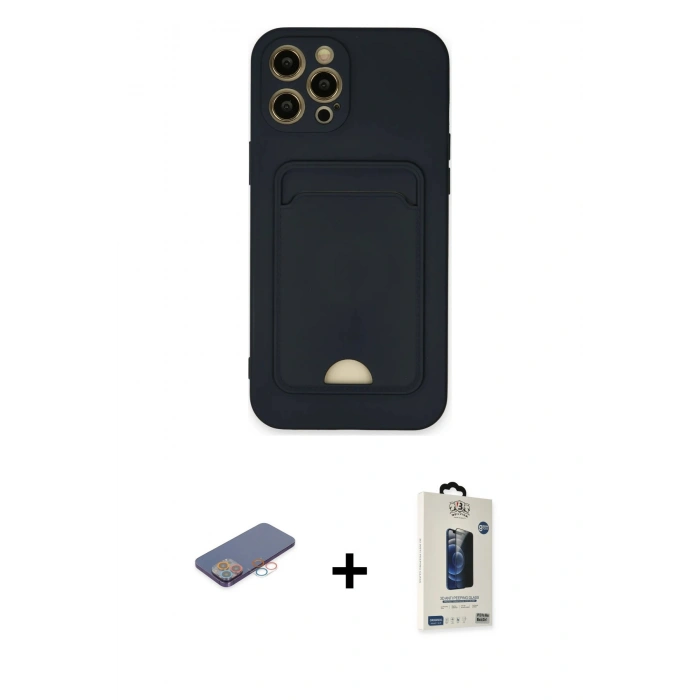 MARSİLYAN™- iPhone 12 Pro Max Kılıf Vadi Çizgi Prime - Siyah Bilvis Hayalet Cam Ekran Koruyucu + Renkli Kamera Lens Koruma Cam - PE