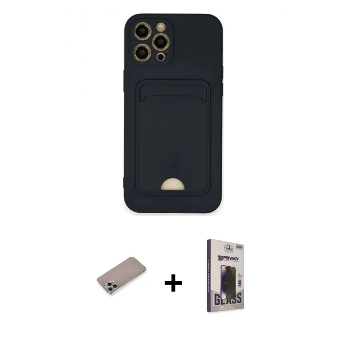 MARSİLYAN™- iPhone 12 Pro Max Kılıf Vadi Çizgi Prime - Siyah Bilvis Hayalet Cam Ekran Koruyucu + Sierra Blue Shine Kamera Lens Koruma Cam