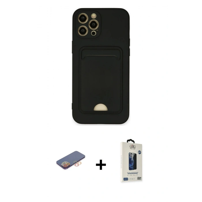 MARSİLYAN™- iPhone 12 Pro Max Kılıf Vadi Çizgi Prime - Siyah Bilvis Hayalet Cam Ekran Koruyucu + Turuncu Renkli Kamera Lens Koruma Cam
