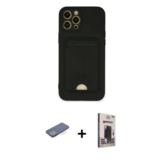 MARSİLYAN™- iPhone 12 Pro Max Kılıf Vadi Çizgi Prime - Siyah Bilvis Hayalet Cam Ekran Koruyucu + Renkli Kamera Lens Koruma Cam - YL