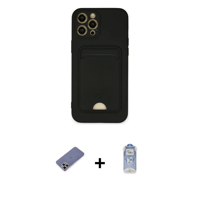 MARSİLYAN™- iPhone 12 Pro Max Kılıf Vadi Çizgi Prime - Siyah Joko Magic 5D Cam + Gold Metal Kamera Lens Koruma Cam
