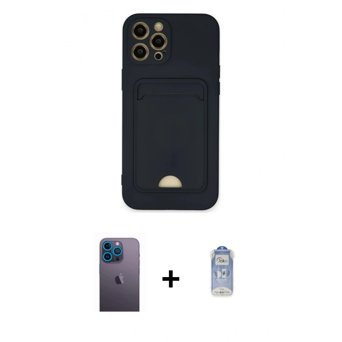 MARSİLYAN™- iPhone 12 Pro Max Kılıf Vadi Çizgi Prime - Siyah Joko Magic 5D Cam + Mavi Neon Fosforlu Kamera Lens