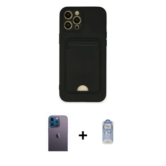 MARSİLYAN™- iPhone 12 Pro Max Kılıf Vadi Çizgi Prime - Siyah Joko Magic 5D Cam + Mavi Neon Fosforlu Kamera Lens