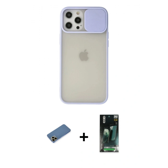 MARSİLYAN™- iPhone 12 Pro Max Kılıf Vadi Çizgi - Şeffaf 360 Full Body Arka Koruyucu + Shine Kamera Lens Koruma Cam - GD