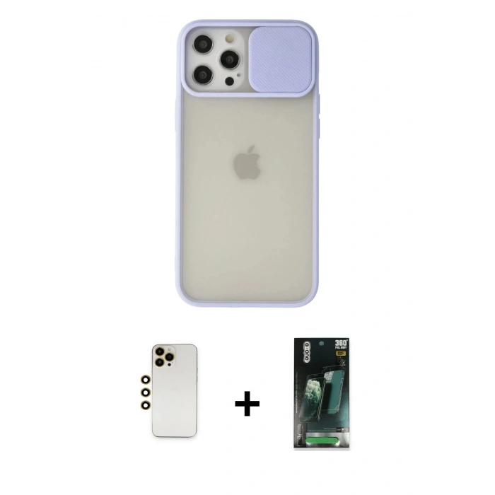 MARSİLYAN™- iPhone 12 Pro Max Kılıf Vadi Çizgi - Şeffaf 360 Full Body Arka Koruyucu + Gold Shine Kamera Lens
