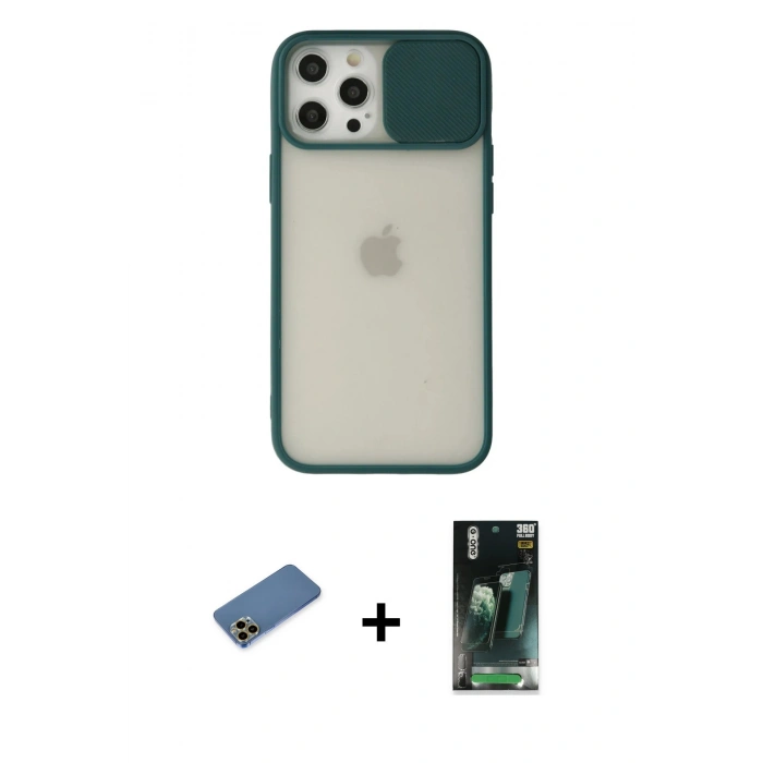 MARSİLYAN™- iPhone 12 Pro Max Kılıf Vadi Çizgi - Şeffaf 360 Full Body Arka Koruyucu + Shine Kamera Lens Koruma Cam - GD