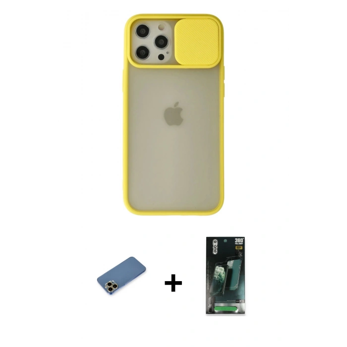 MARSİLYAN™- iPhone 12 Pro Max Kılıf Vadi Çizgi - Şeffaf 360 Full Body Arka Koruyucu + Shine Kamera Lens Koruma Cam - GD