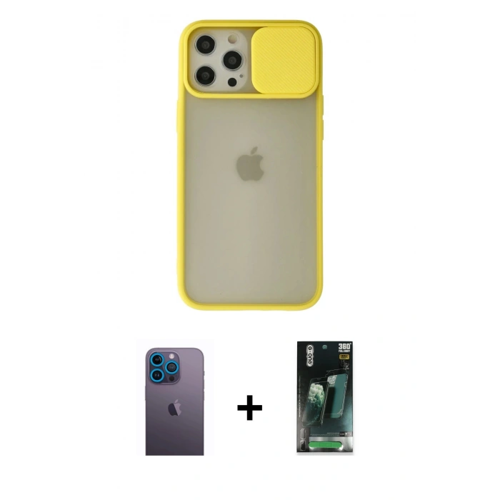 MARSİLYAN™- iPhone 12 Pro Max Kılıf Vadi Çizgi - Şeffaf 360 Full Body Arka Koruyucu + Neon Fosforlu Kamera Lens - MI