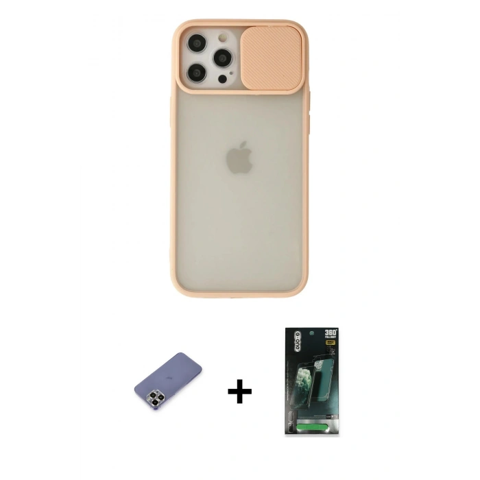 MARSİLYAN™- iPhone 12 Pro Max Kılıf Vadi Çizgi - Şeffaf 360 Full Body Arka Koruyucu + Metal Kamera Lens Koruma Cam - GD