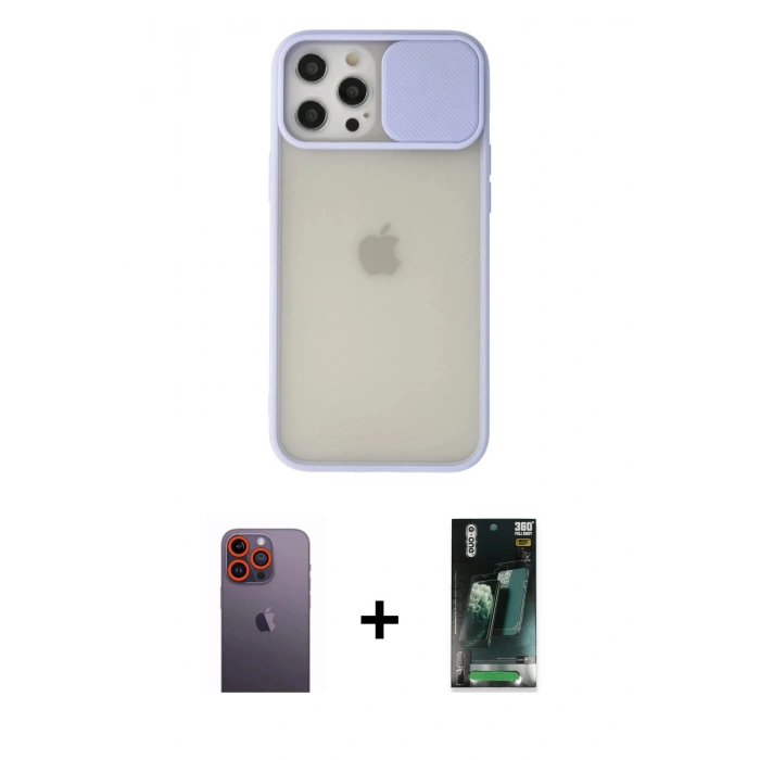 MARSİLYAN™- iPhone 12 Pro Max Kılıf Vadi Çizgi - Şeffaf 360 Full Body Arka Koruyucu + Neon Fosforlu Kamera Lens - TU