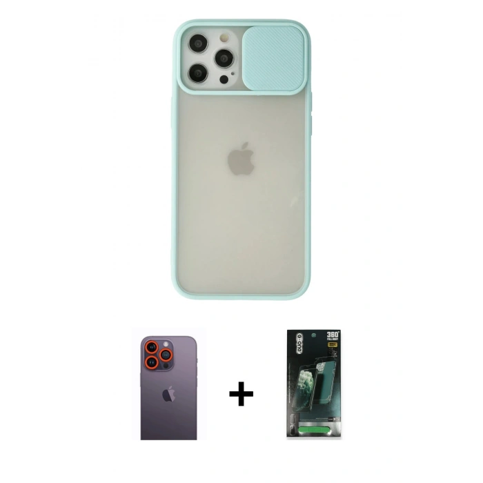MARSİLYAN™- iPhone 12 Pro Max Kılıf Vadi Çizgi - Şeffaf 360 Full Body Arka Koruyucu + Neon Fosforlu Kamera Lens - TU