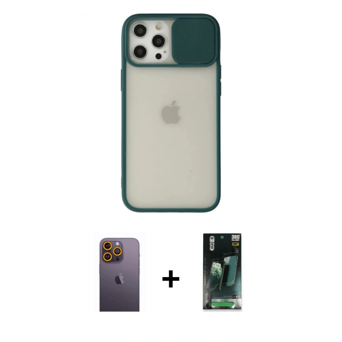 MARSİLYAN™- iPhone 12 Pro Max Kılıf Vadi Çizgi - Şeffaf 360 Full Body Arka Koruyucu + Sarı Neon Fosforlu Kamera Lens
