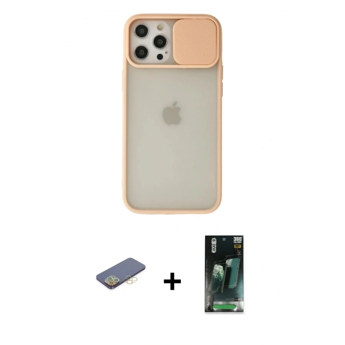 MARSİLYAN™- iPhone 12 Pro Max Kılıf Vadi Çizgi - Şeffaf 360 Full Body Arka Koruyucu + Renkli Kamera Lens Koruma Cam - SI