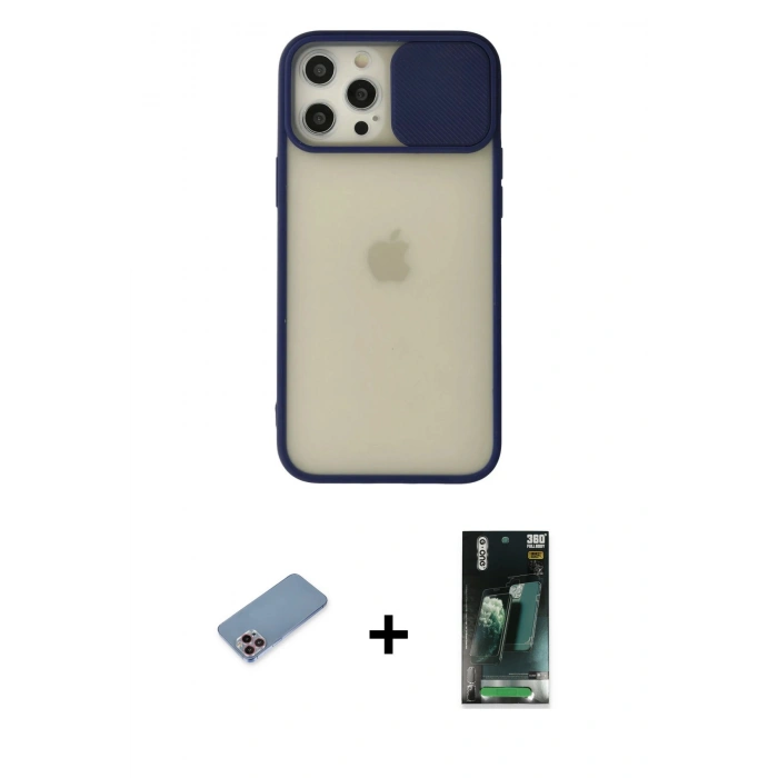MARSİLYAN™- iPhone 12 Pro Max Kılıf Vadi Çizgi - Şeffaf 360 Full Body Arka Koruyucu + Shine Kamera Lens Koruma Cam - PE