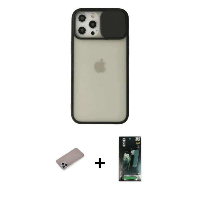 MARSİLYAN™- iPhone 12 Pro Max Kılıf Vadi Çizgi - Şeffaf 360 Full Body Arka Koruyucu + Shine Kamera Lens Koruma Cam - SABE