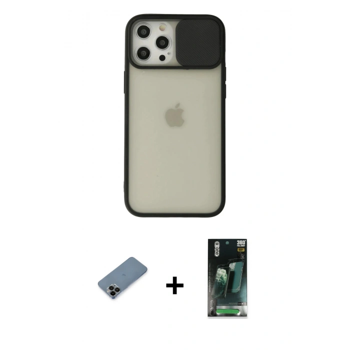 MARSİLYAN™- iPhone 12 Pro Max Kılıf Vadi Çizgi - Şeffaf 360 Full Body Arka Koruyucu + Shine Kamera Lens Koruma Cam - SH