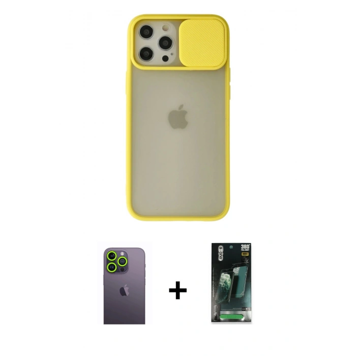 MARSİLYAN™- iPhone 12 Pro Max Kılıf Vadi Çizgi - Şeffaf 360 Full Body Arka Koruyucu + Neon Fosforlu Kamera Lens - YL
