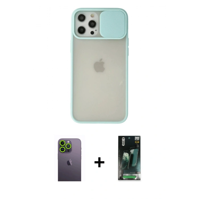 MARSİLYAN™- iPhone 12 Pro Max Kılıf Vadi Çizgi - Şeffaf 360 Full Body Arka Koruyucu + Neon Fosforlu Kamera Lens - YL