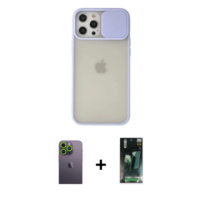 MARSİLYAN™- iPhone 12 Pro Max Kılıf Vadi Çizgi - Şeffaf 360 Full Body Arka Koruyucu + Neon Fosforlu Kamera Lens - YL