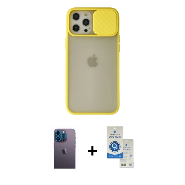 MARSİLYAN™- iPhone 12 Pro Max Kılıf Vadi Çizgi - Şeffaf Royal Nano Ekran Koruyucu + Neon Fosforlu Kamera Lens - MI