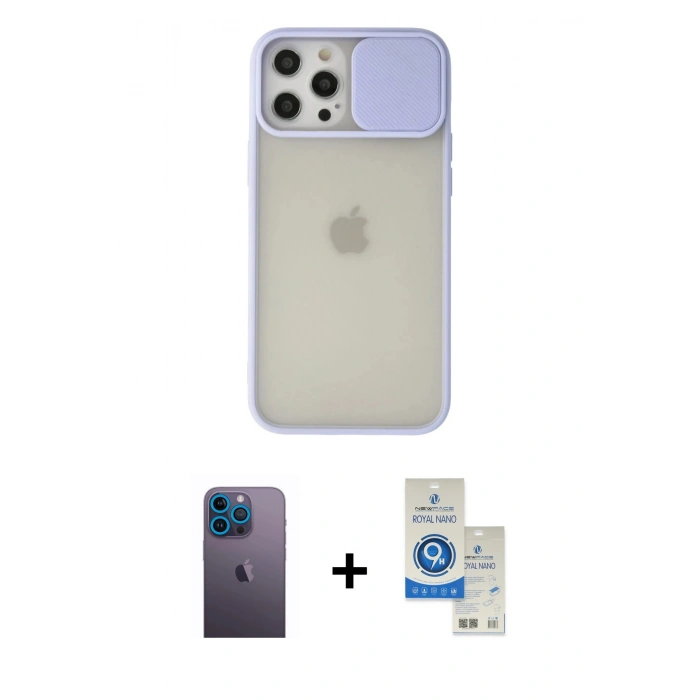 MARSİLYAN™- iPhone 12 Pro Max Kılıf Vadi Çizgi - Şeffaf Royal Nano Ekran Koruyucu + Neon Fosforlu Kamera Lens - MI