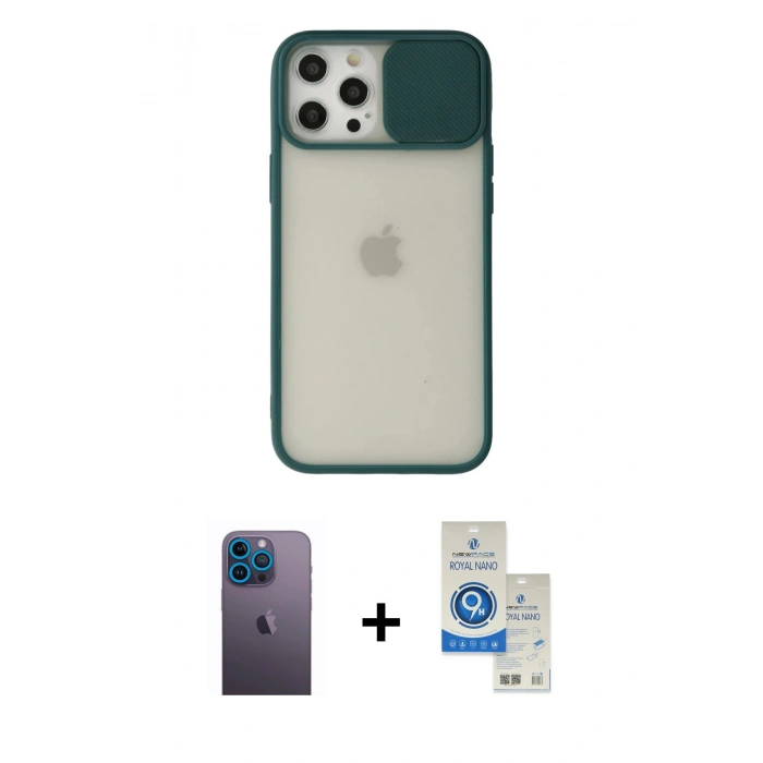 MARSİLYAN™- iPhone 12 Pro Max Kılıf Vadi Çizgi - Şeffaf Royal Nano Ekran Koruyucu + Neon Fosforlu Kamera Lens - MI