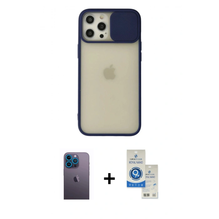 MARSİLYAN™- iPhone 12 Pro Max Kılıf Vadi Çizgi - Şeffaf Royal Nano Ekran Koruyucu + Neon Fosforlu Kamera Lens - MI