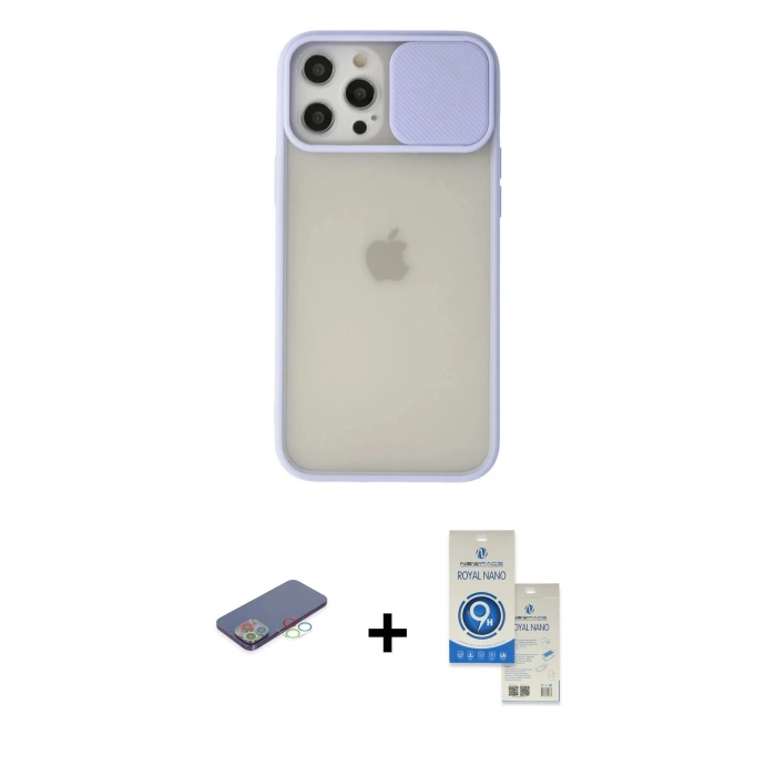 MARSİLYAN™- iPhone 12 Pro Max Kılıf Vadi Çizgi - Şeffaf Royal Nano Ekran Koruyucu + Renkli Kamera Lens Koruma Cam - MI