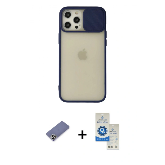 MARSİLYAN™- iPhone 12 Pro Max Kılıf Vadi Çizgi - Şeffaf Royal Nano Ekran Koruyucu + Metal Kamera Lens Koruma Cam - GD