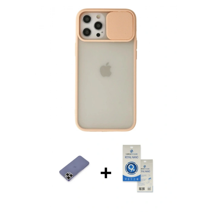 MARSİLYAN™- iPhone 12 Pro Max Kılıf Vadi Çizgi - Şeffaf Royal Nano Ekran Koruyucu + Metal Kamera Lens Koruma Cam - GD