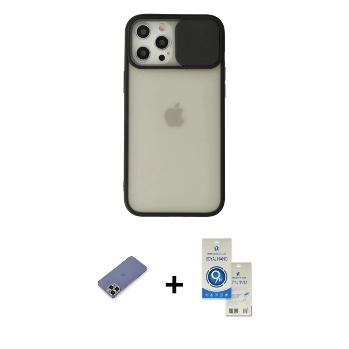 MARSİLYAN™- iPhone 12 Pro Max Kılıf Vadi Çizgi - Şeffaf Royal Nano Ekran Koruyucu + Metal Kamera Lens Koruma Cam - GD