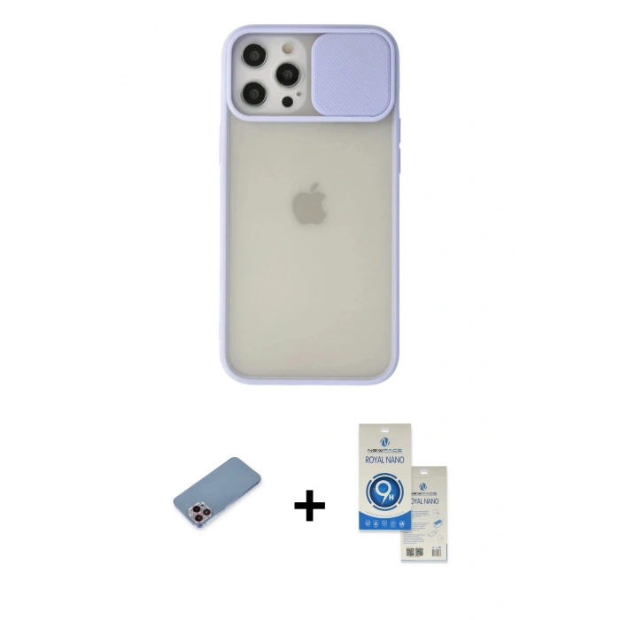 MARSİLYAN™- iPhone 12 Pro Max Kılıf Vadi Çizgi - Şeffaf Royal Nano Ekran Koruyucu + Shine Kamera Lens Koruma Cam - PE