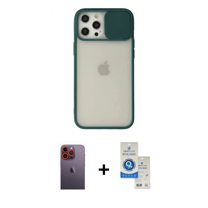 MARSİLYAN™- iPhone 12 Pro Max Kılıf Vadi Çizgi - Şeffaf Royal Nano Ekran Koruyucu + Neon Fosforlu Kamera Lens - TU